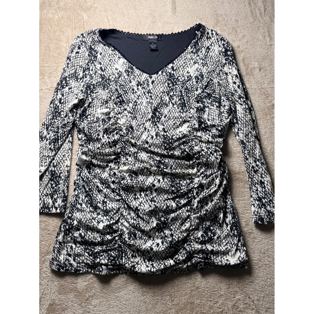 Style & Co Womens Snakeskin Print Ruched‎ V-Neck Sequin Top M Whimsigoth Grunge
